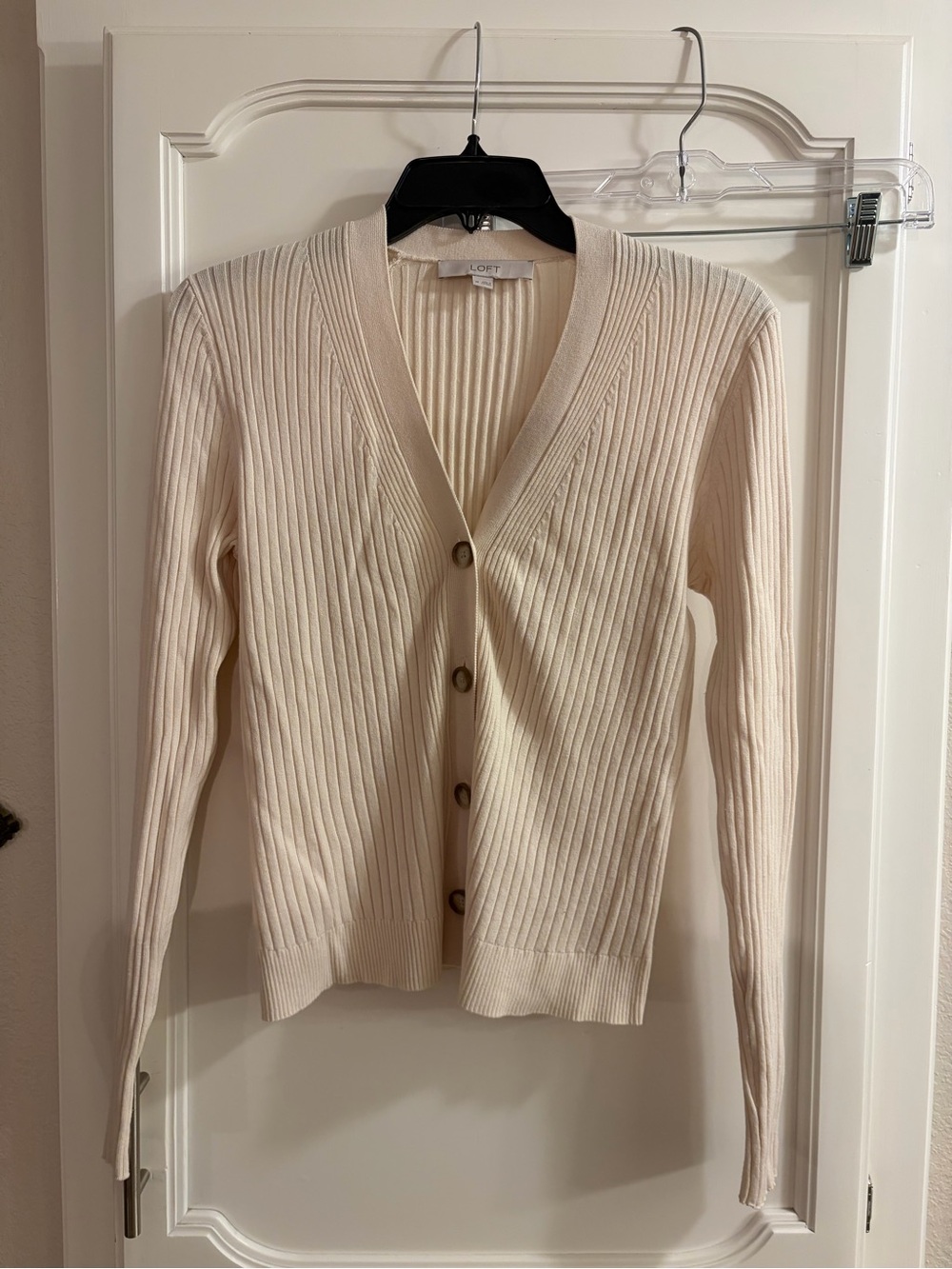 LOFT Cream Ribbed V-Neck Button Front Cardigan